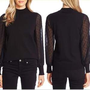 CeCe Black Clip Dot Sleeve Sweater XS Mock Neck Sheer Balloon Sleeves NWT
